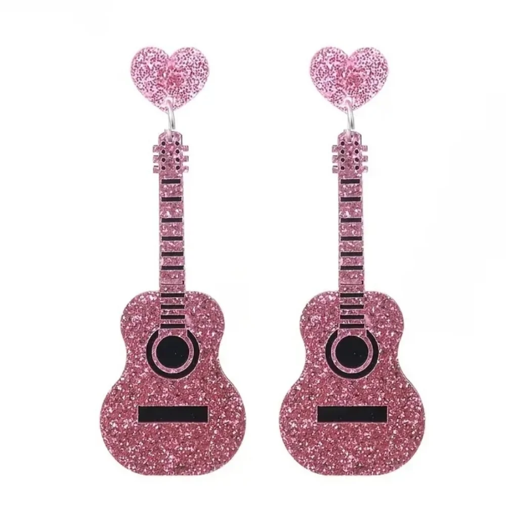 Pink Glitter Acrylic Guitar Earrings - Picture 1 of 4